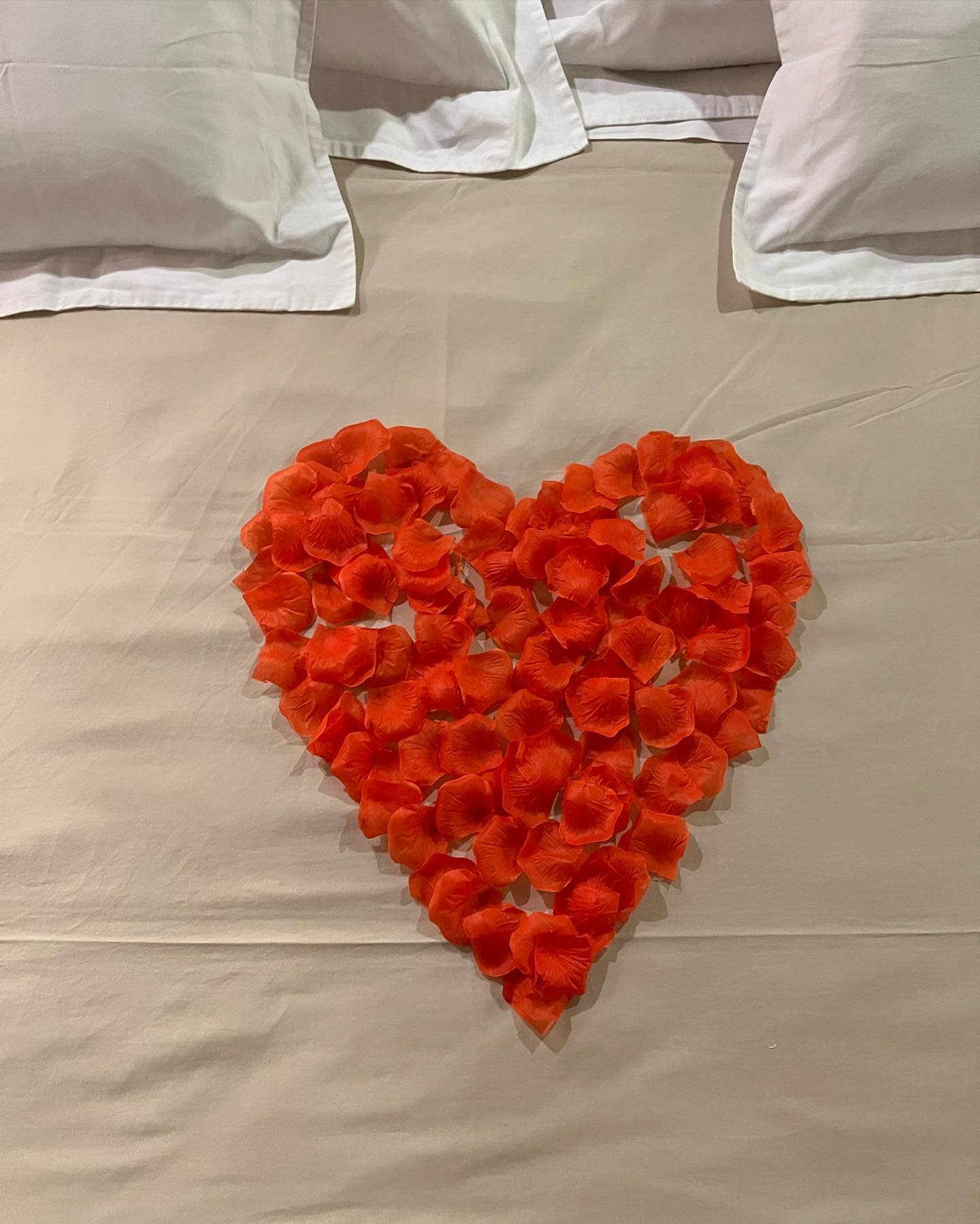 Dettaglio del cuore di petali di rosa rossi sul letto della suite Marcello a Verona, allestimento romantico per anniversario